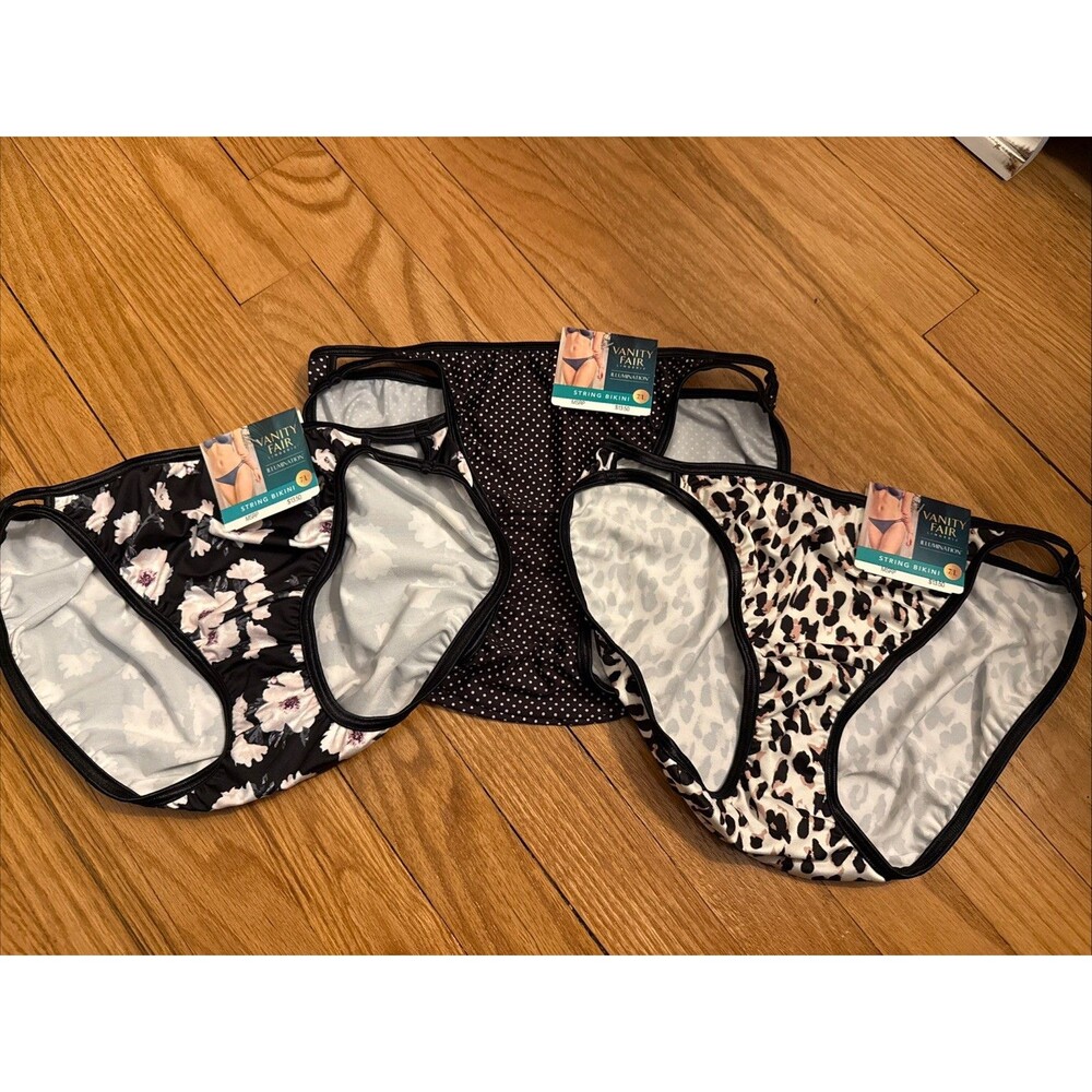 NWT 3 Vanity Fair Illumination String Bikini Panties 18108 Asst. Prints Size 7/L